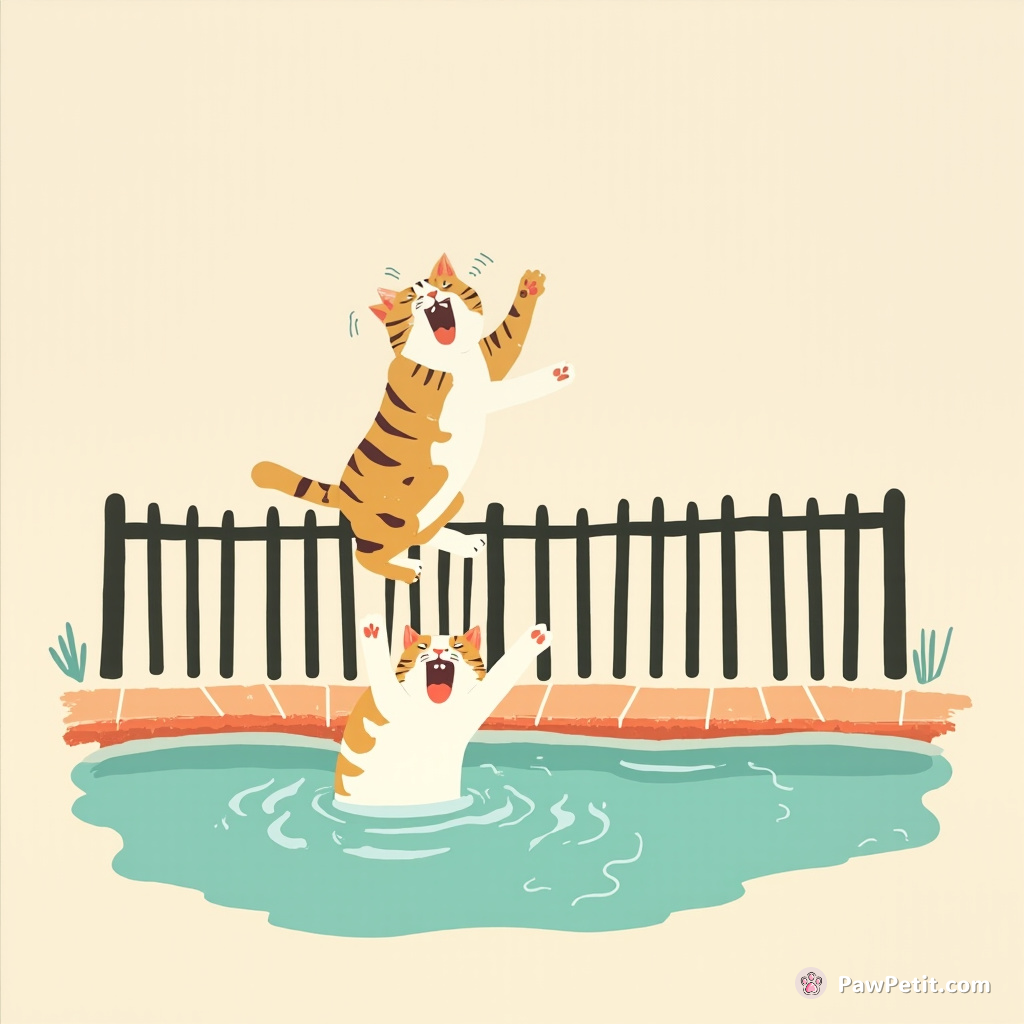Cat scales fence, yowls triumphantly from top, then dramatically slips, lands in neighbor's pool with a splash.