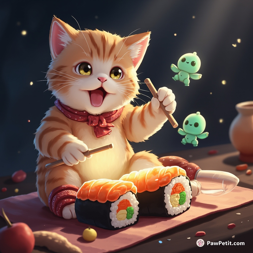 Cat drumming on a glowing sushi roll with one paw, while juggling three miniature aliens with the other.