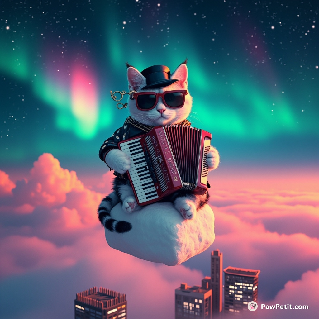 Steampunk cat playing an accordion on a floating marshmallow over a neon city under aurora skies.