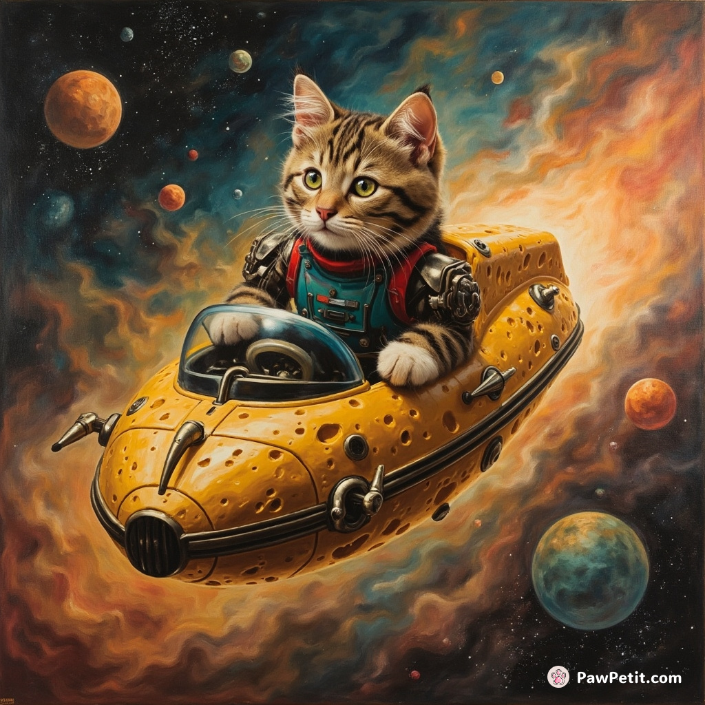 Cyborg cat piloting a tuna-shaped spaceship through a cheese nebula.