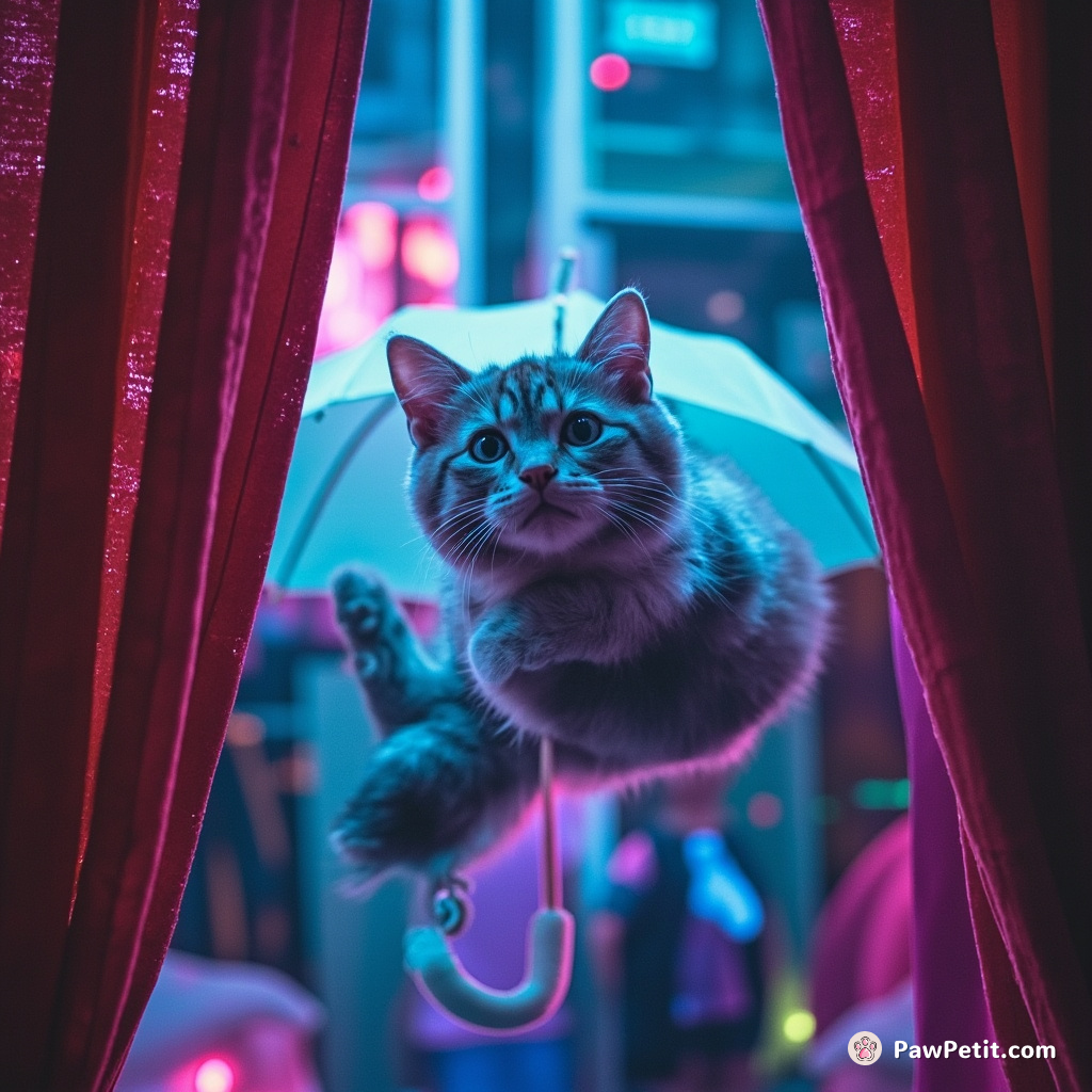 The cat panics, swinging on curtains believing umbrellas are creatures taking humans outside.