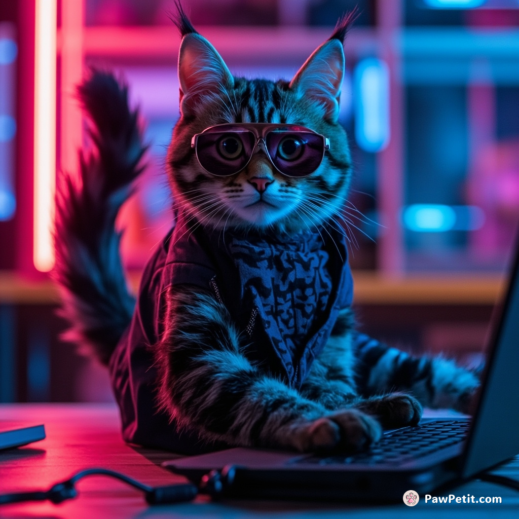 Charming Cat Chester adopts nine-to-five office life, tail swaying rhythmically as he mimics typing on a minuscule laptop.