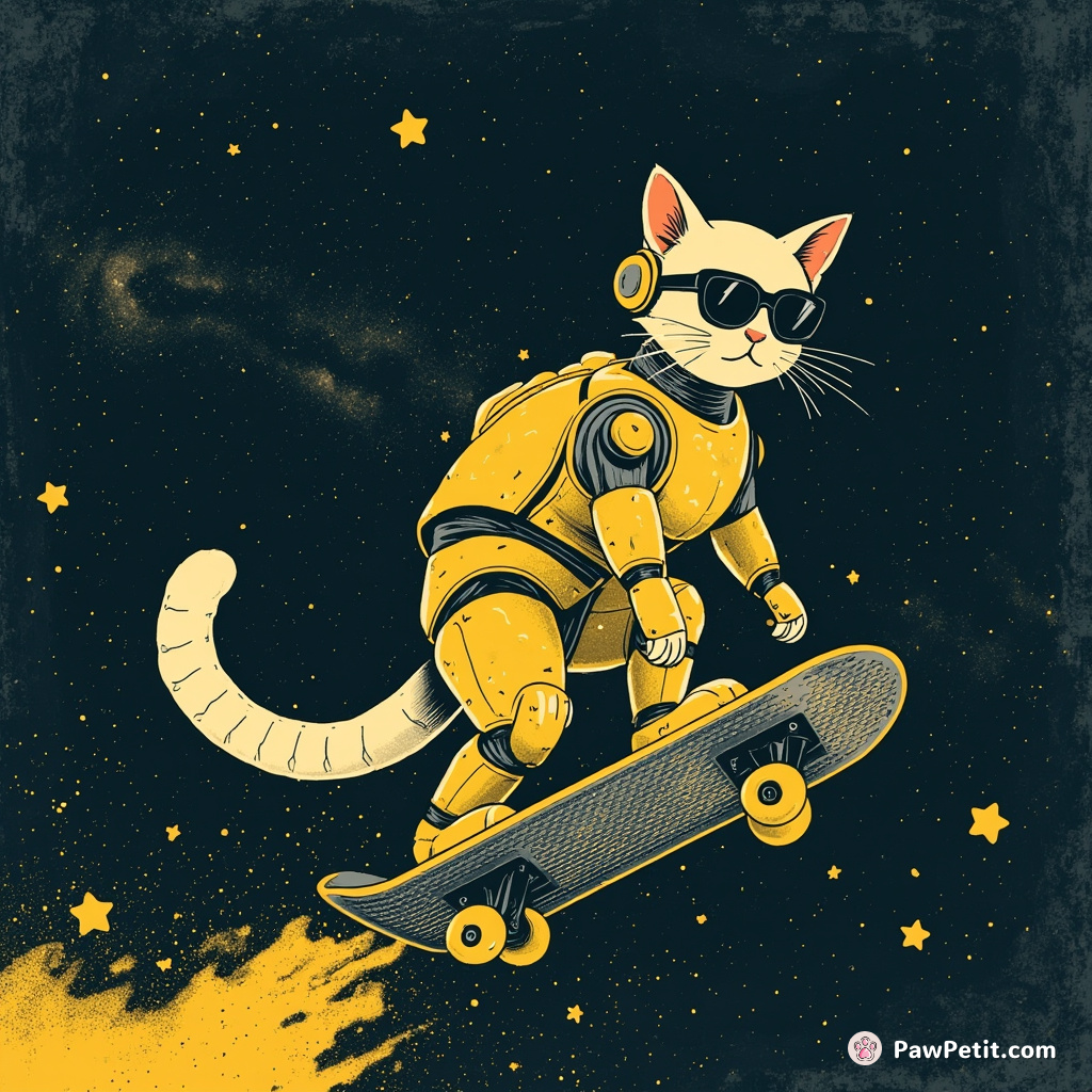 Cyborg cat using a cheese grater as a skateboard, zipping intergalactically between zesty lemon stars in the Milky Way.
