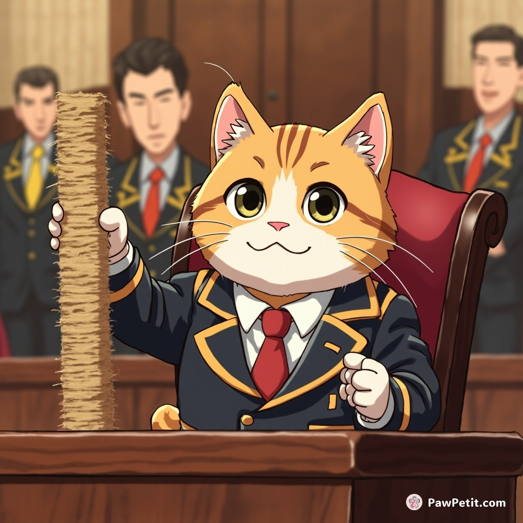 Cat attempts Congress speech, believing scratching post usage equates to delivering parliamentary discussions.