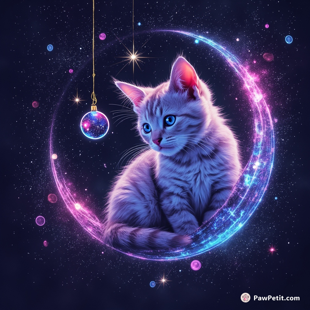 A celestial feline curled around a bauble galaxy, sweeping stars with its cosmic tail.