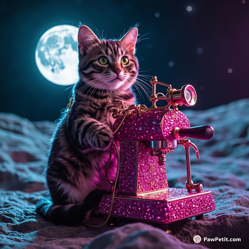 Steampunk cat operating a ruby-encrusted espresso machine on the moon.