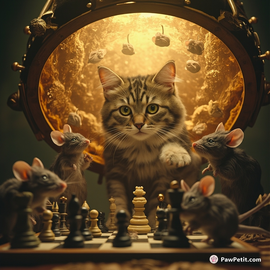 A cat having a multidimensional chess standoff with anthropomorphic alien mice in the portal-infested cone of a steampunk Djinn lamp.
