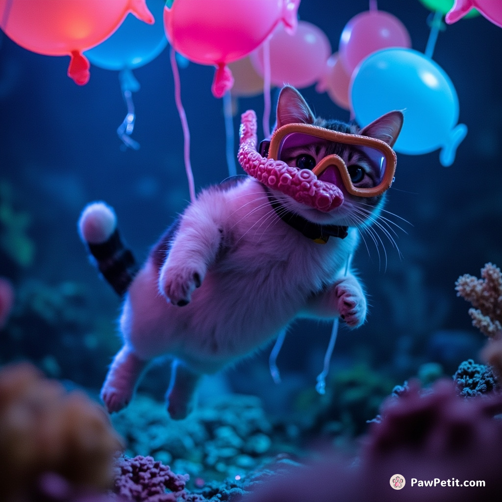 Cat reef-diving with an octopus snorkel, chasing glow-in-the-dark fish balloons.