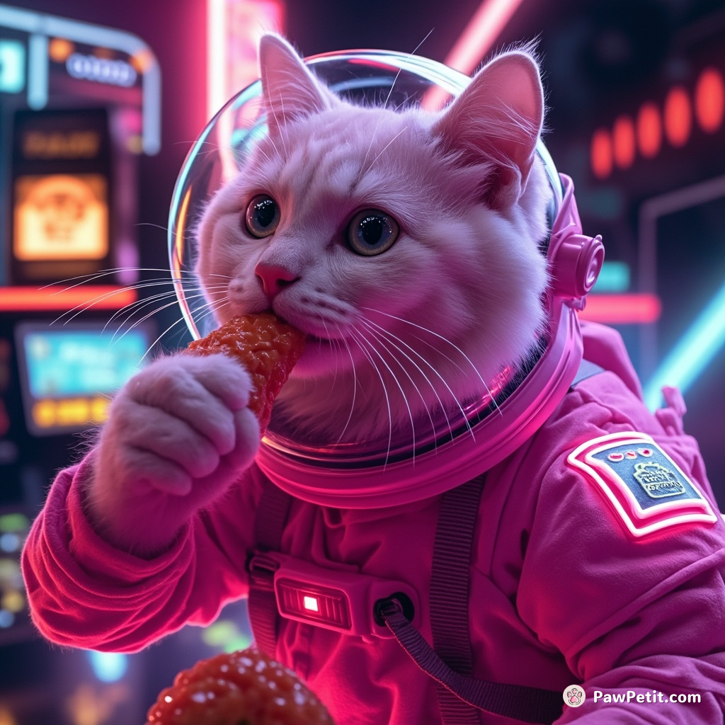 A neon pink astronaut cat eating sushi in zero gravity amidst a retro arcade game universe.