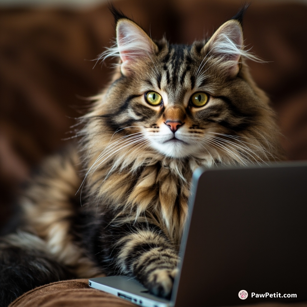 A fluffy feline, mastering the art of laptop purr-programming, unravels the secret mind of a human couch potato.