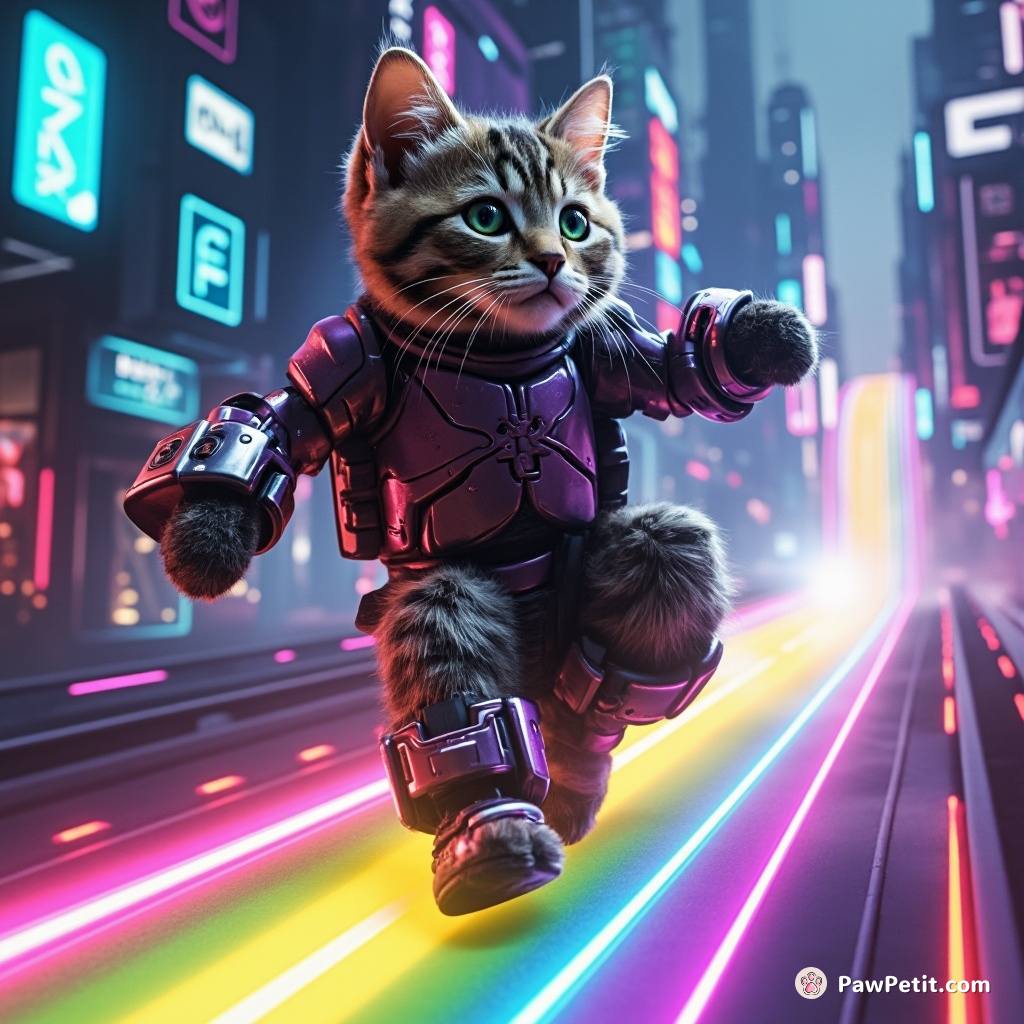 Futuristic cyborg cat surfing on a rainbow through a neon space-city.
