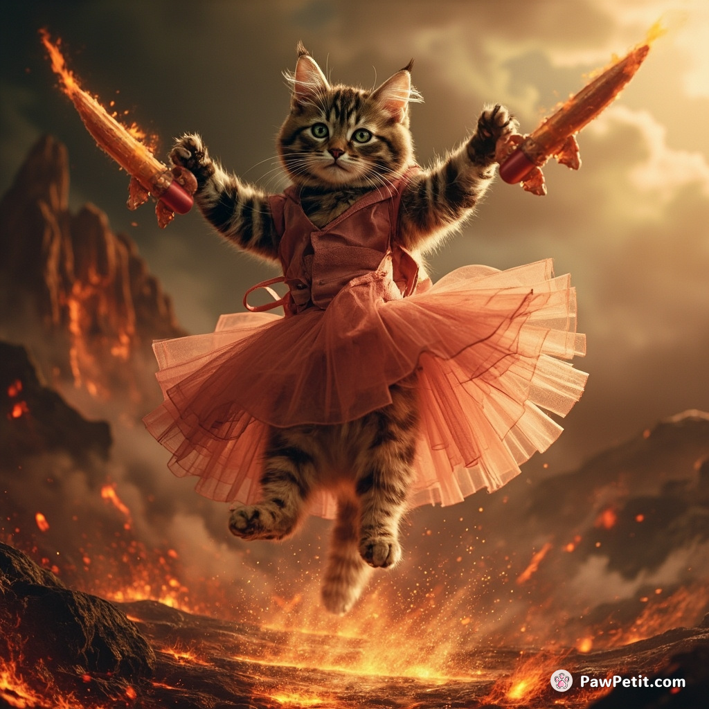 Cat performing a rocket-powered triple backflip over a lava lake while wearing a tutu.