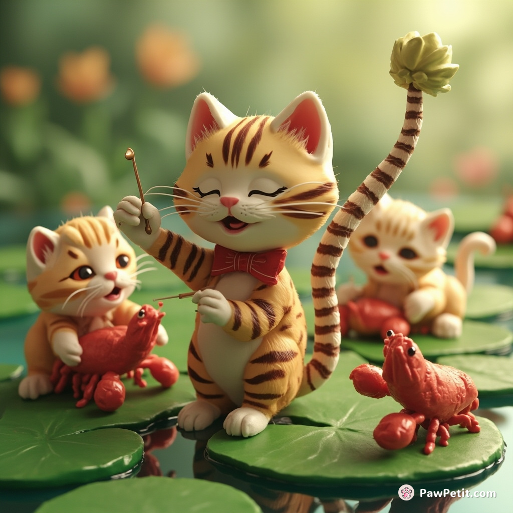 A tabby cat using its tail to conduct a symphony of meowing kittens with crayfish as instruments on floating lily pads.