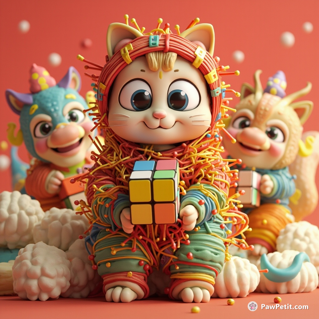 Cat draped in digital matrix codes solving a Rubik’s cube alongside rainbow-snaked dragons hauling cosmic 粽子 at hyper-speed.