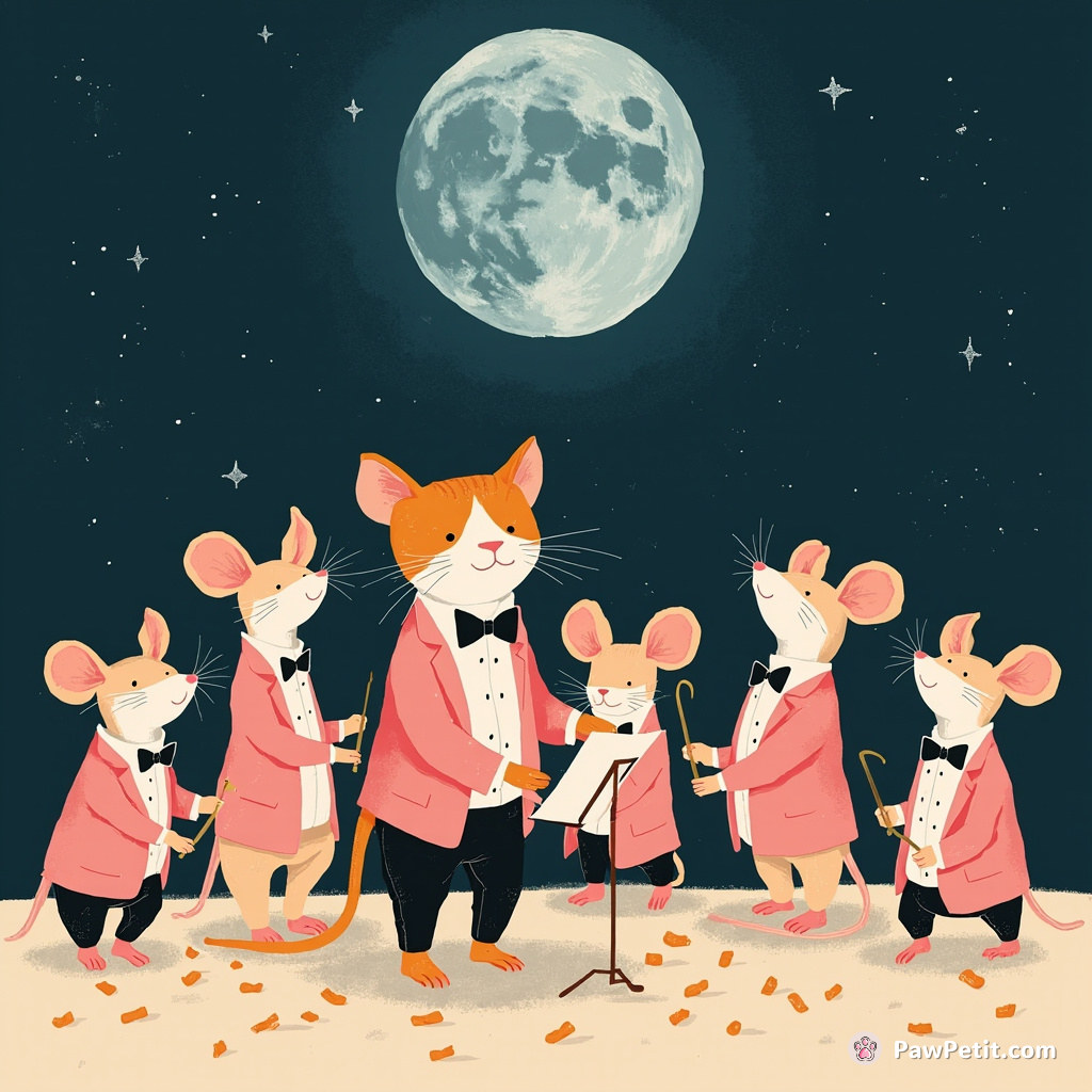A cat conducting a symphony of mice in pink tuxedos under a blue cheese moon.