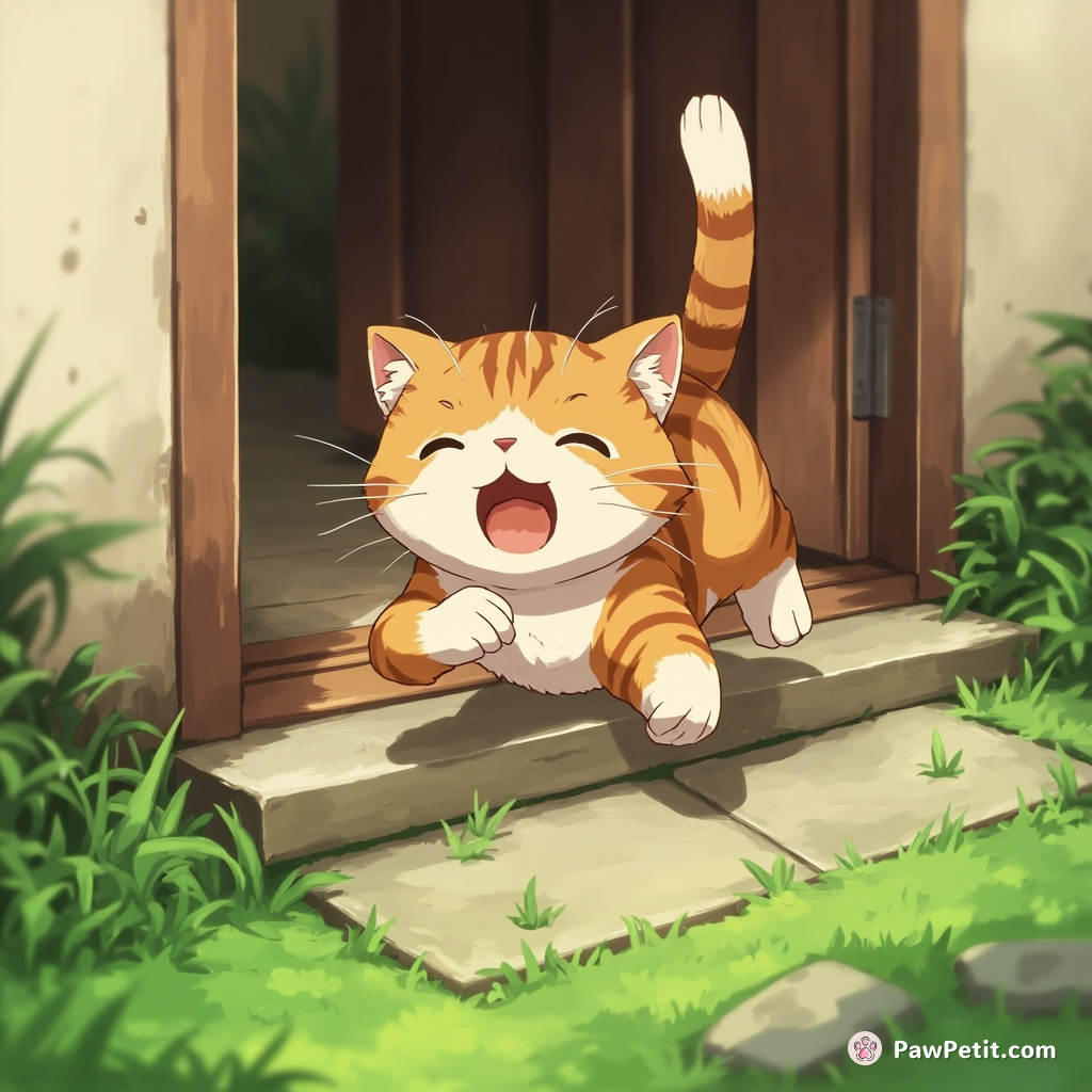 Frantic paws claw at the door; whiskers twitch with anticipation as the cat dives into the grass, rolling ecstatically.