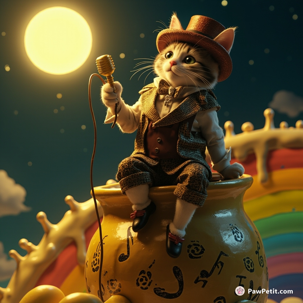 A 1920s jazz singer cat in full Gatsby attire serenading the moon from top of a melting pot of gold at the end of a graffiti rainbow.