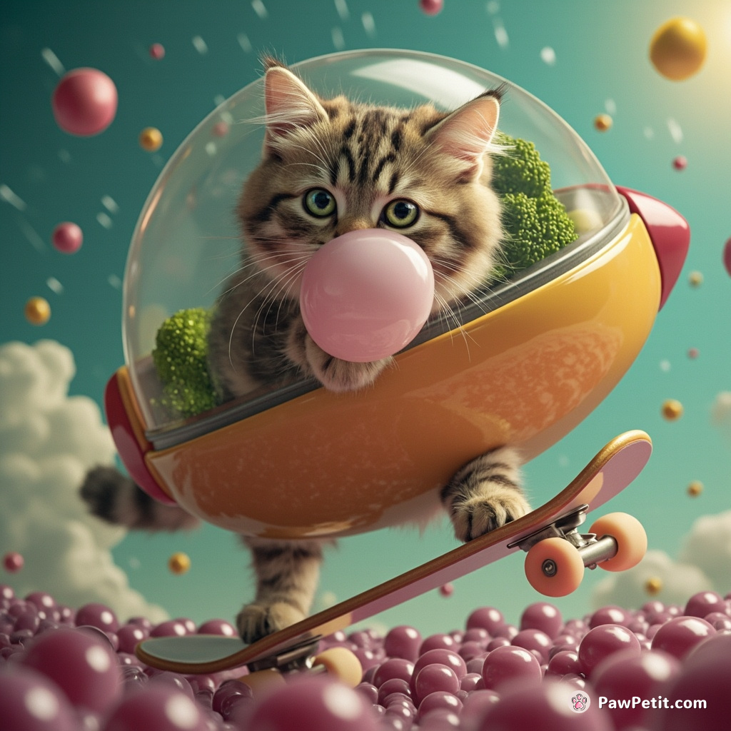 A cat skateboarding on grape-flavored raindrops whilst chewing a sigh-infused bubblegum inside a floating broccoli spaceship.