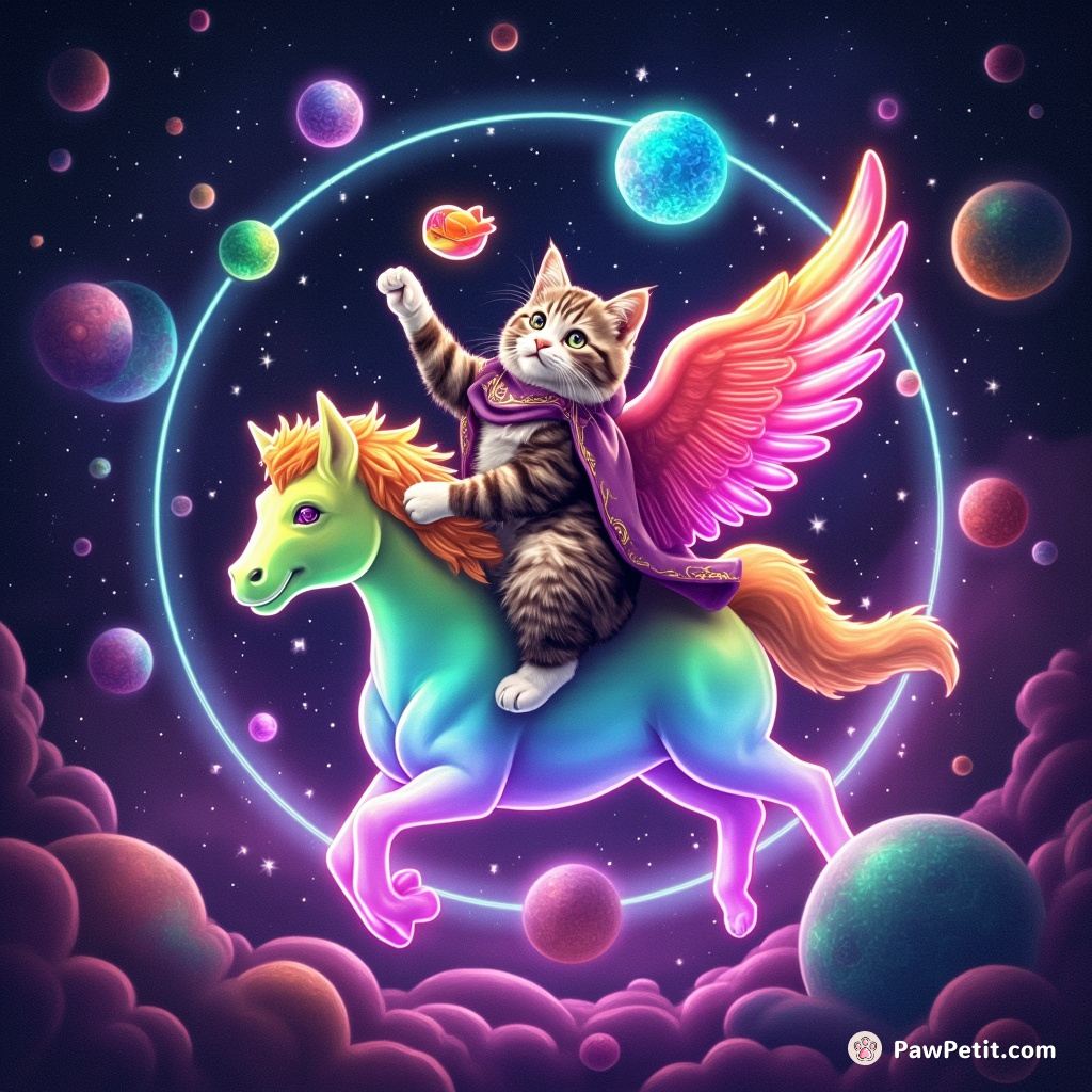 Cat majestically riding a neon pegasus on a rainbow-colored asteroid, radiating cosmic energy while juggling fish-shaped galaxies.