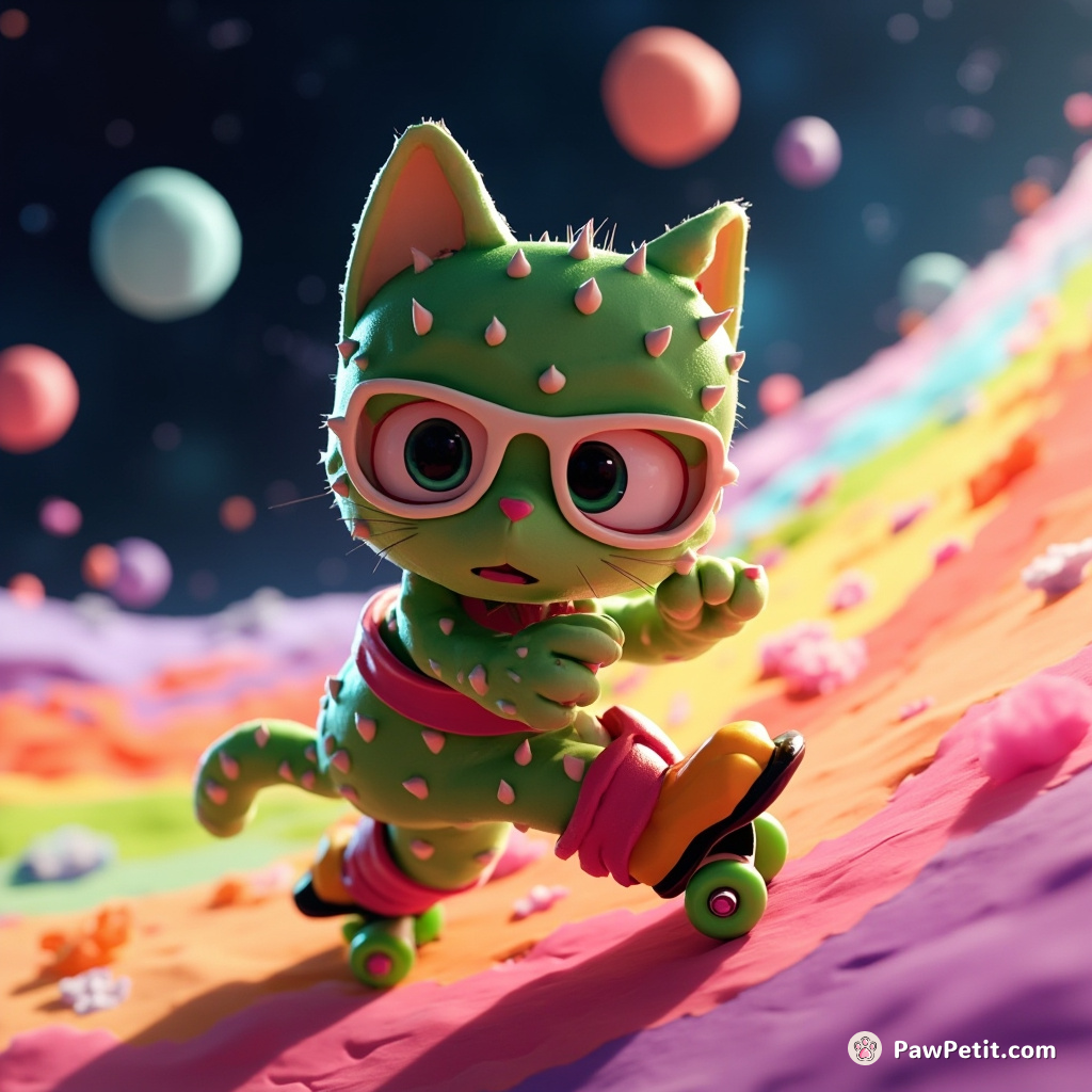 A cactus-shaped cat in roller-skates competing in a rainbow sushi race in space.