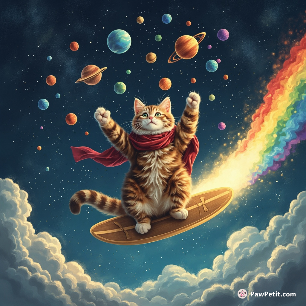 Cat juggling miniature planets while surfing on a rainbow comet in the galactic sky.