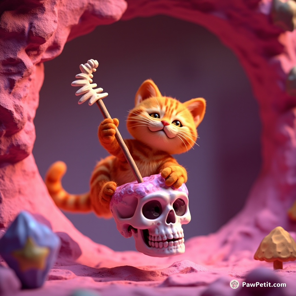 An orange tabby cat levitating in a bubblegum pink cave, using a fishbone wand to stir potion of night's whispers in a diamond skull.