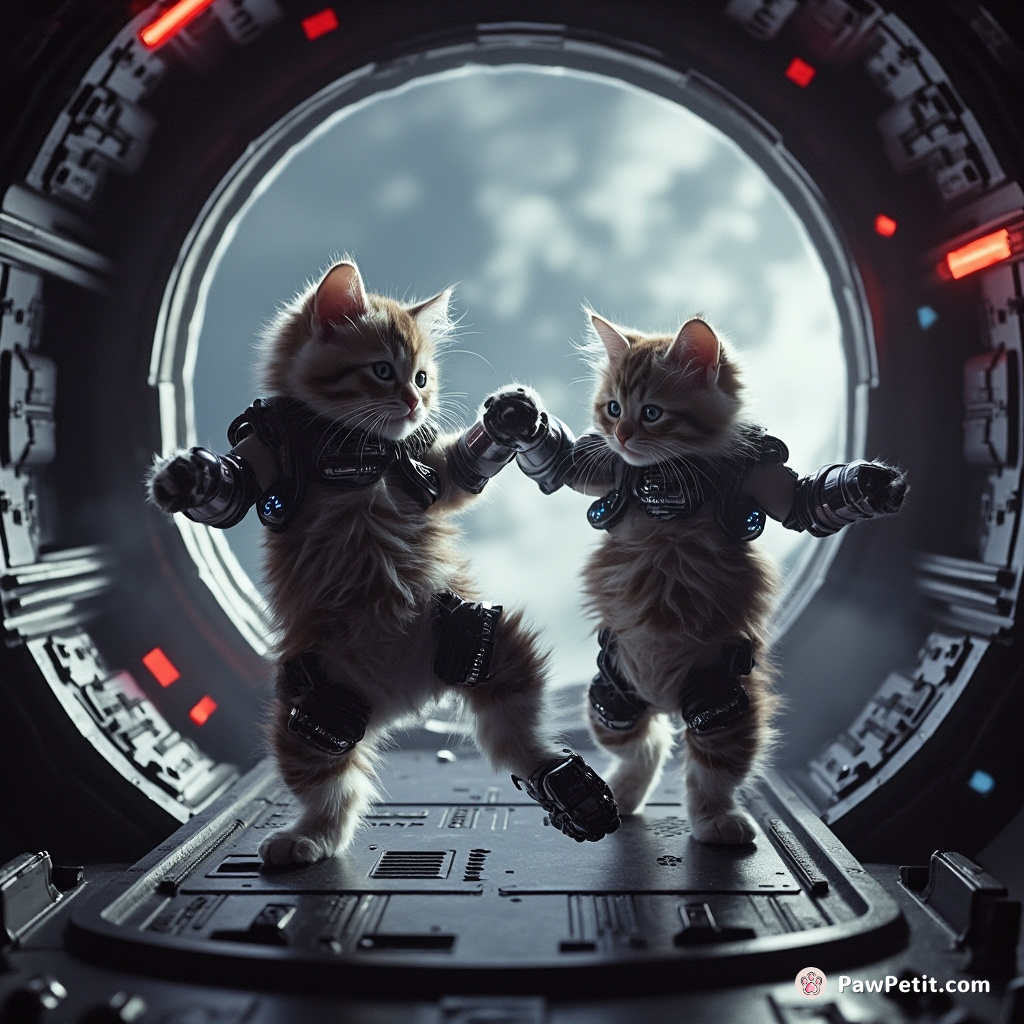 Cybernetic kittens holding a breakdance battle within the hull of a zero-G spaceship.