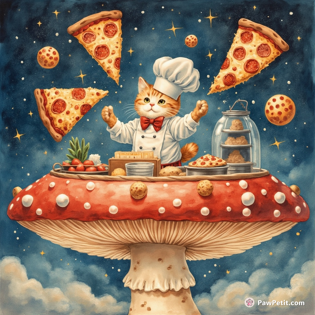 Cat chef flamboyantly tossing galaxy pizzas in an Italian pizzeria located on a mushroom-shaped UFO.