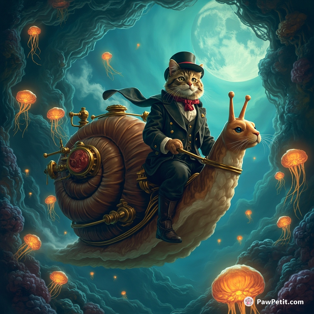 A Victorian-era cat elegantly piloting a steam-powered snail through an undersea city with glowing jellyfish lanterns.