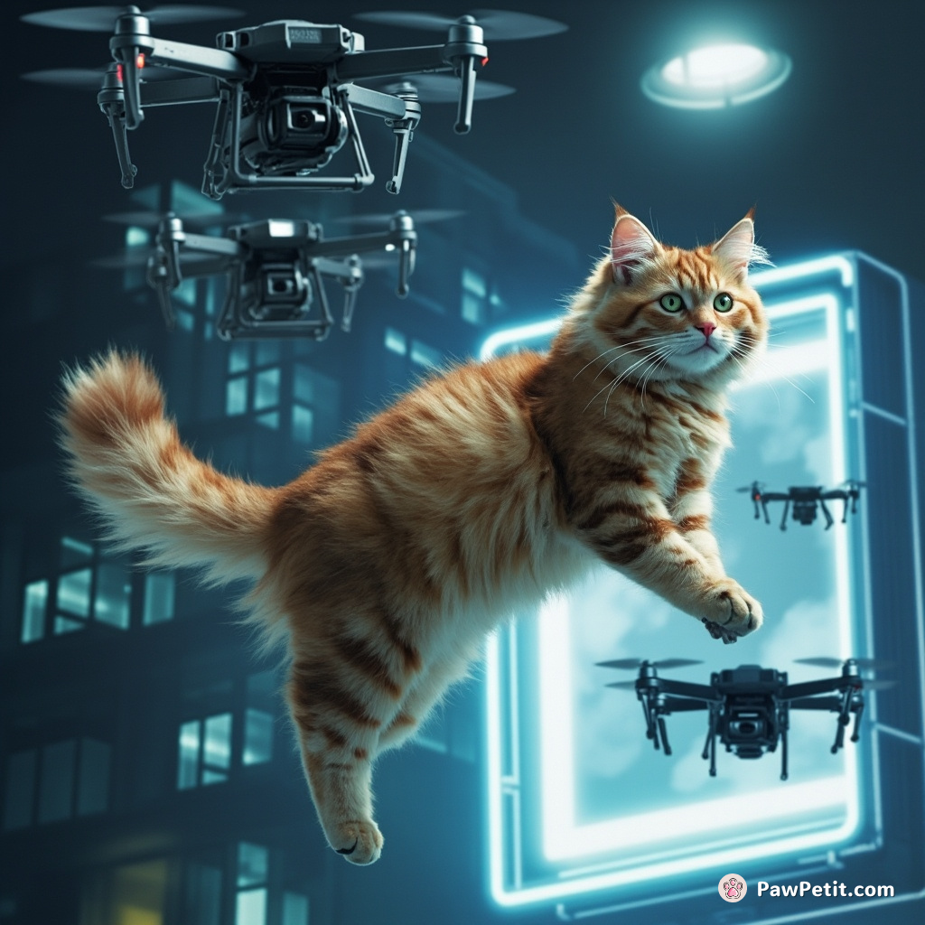 A cat deftly leaps between hovering drones, pirouetting in mid-air to avoid a holographic billboard's dazzling display.