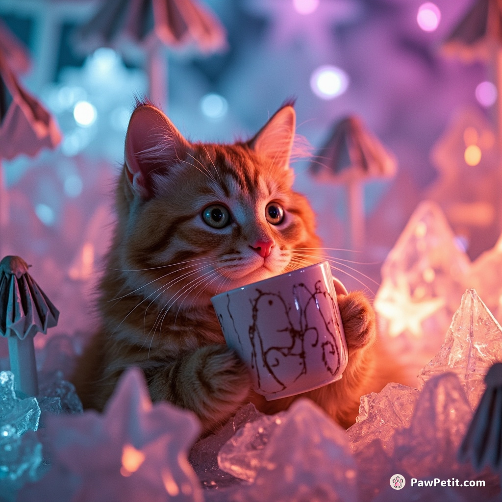 A neon orange cat sipping hot chocolate in a glowing, translucent ice paradise filled with origami stars and striped mushrooms.