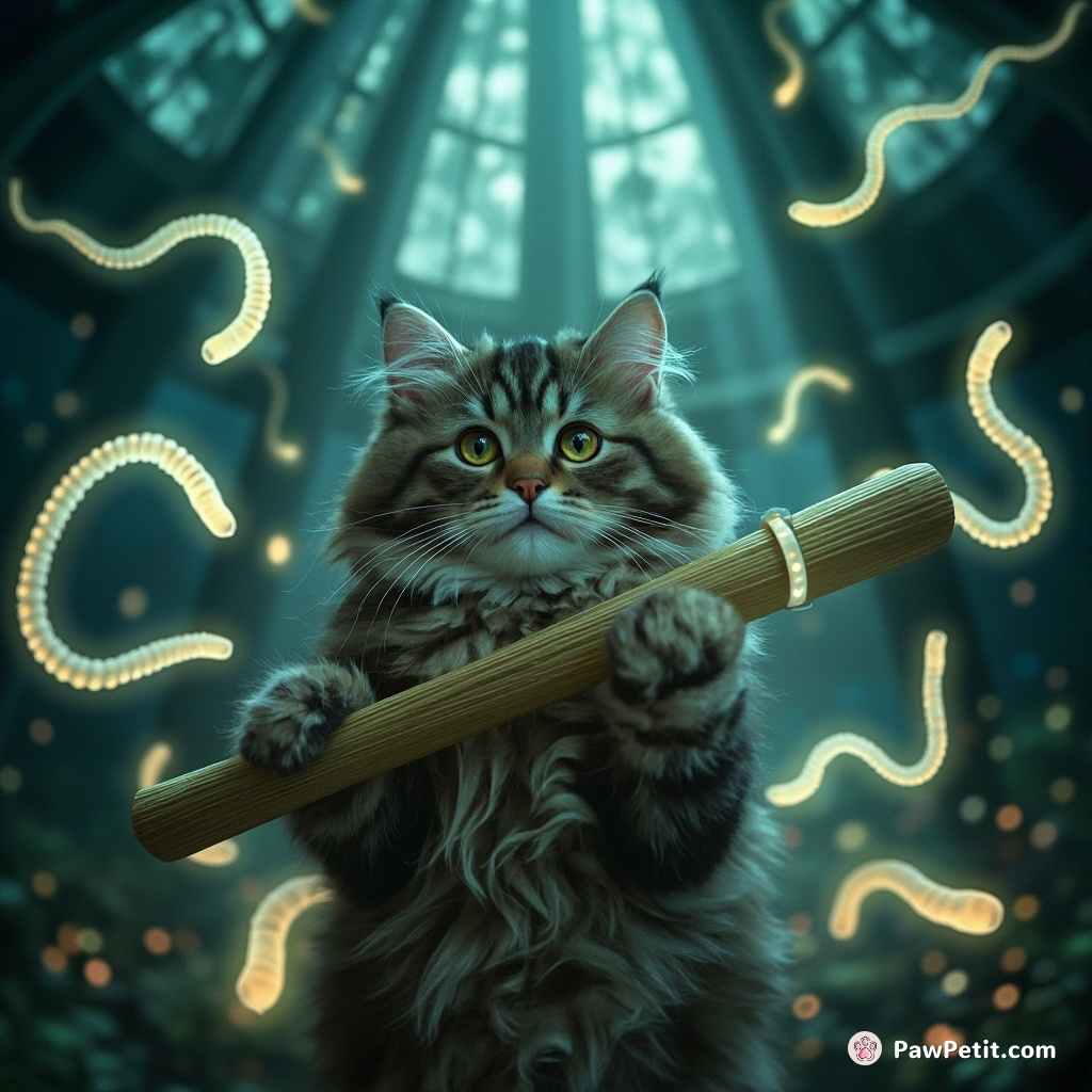 A hypnotic cat conducting a symphony of glowworms using a shimmering reed baton inside an ethereal underwater cathedral.