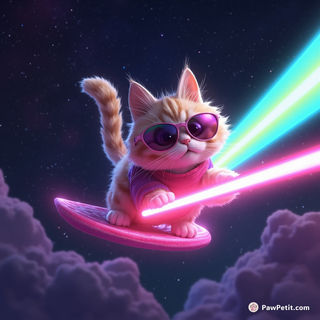 A fluffy, majestic Cyberpunk cat surfing on a glowing, neon laser beam through the starry urge of space.