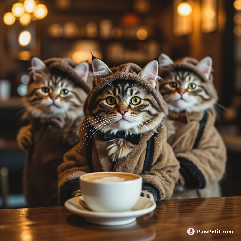 Cats, disguised as baristas, serve cappuccinos, their tails secretly flicking to communicate in feline Morse code.