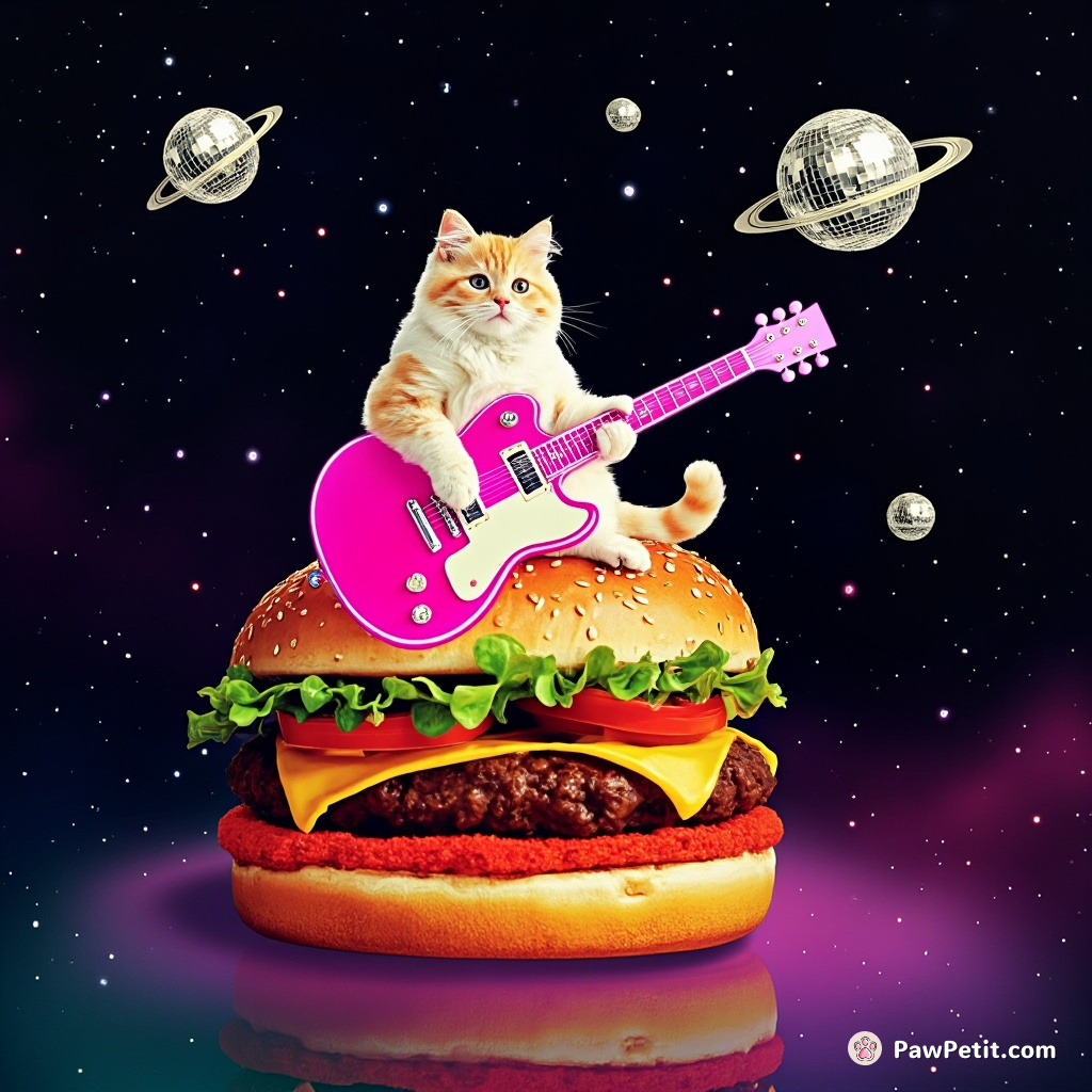 A cat playing a neon pink electric guitar on top of a gigantic cheeseburger in outer space, surrounded by disco ball planets.