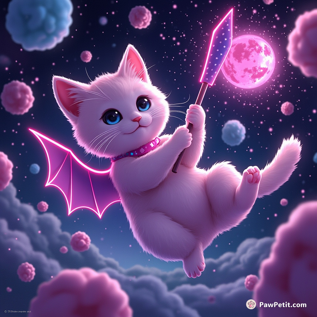 Neon cat floating in a bubblegum galaxy, batting at cotton candy asteroids with a star-patterned bat.