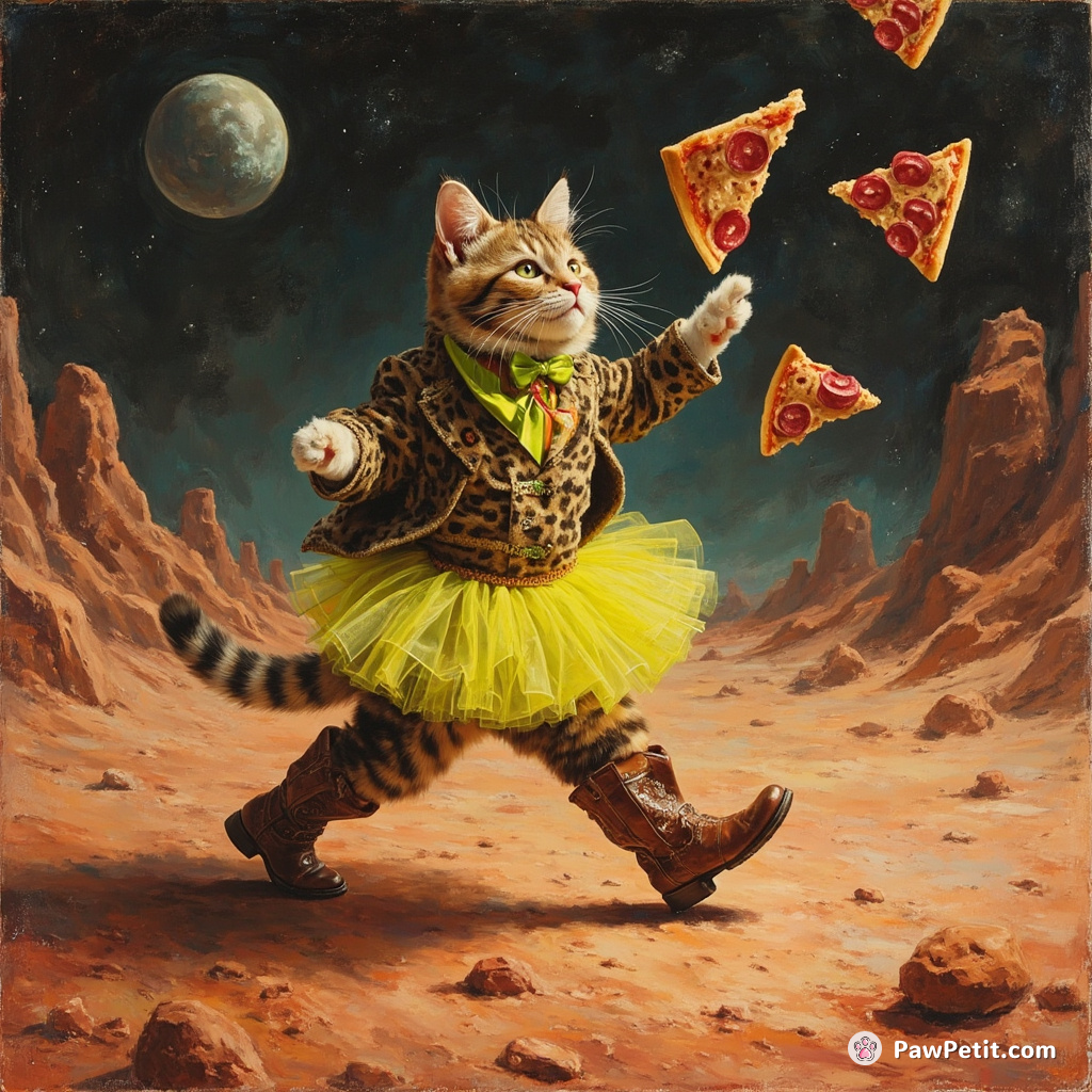 A fashionable cat strutting on Mars, wearing a neon tutu and cowboy boots, whilst juggling slices of salami pizza with its tail.