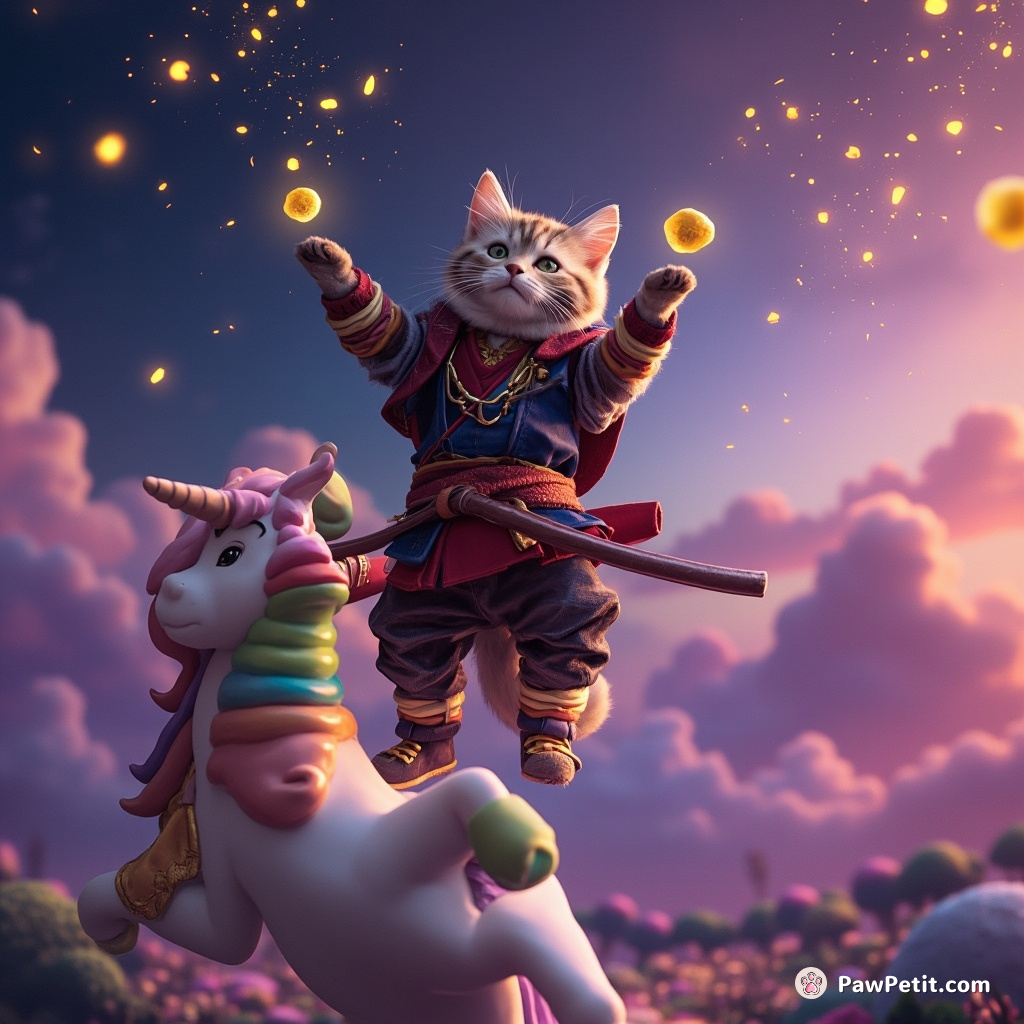 A samurai cat juggling fireflies while balancing on a rainbow unicorn's horn in the mystical realm of Mushroomburg.