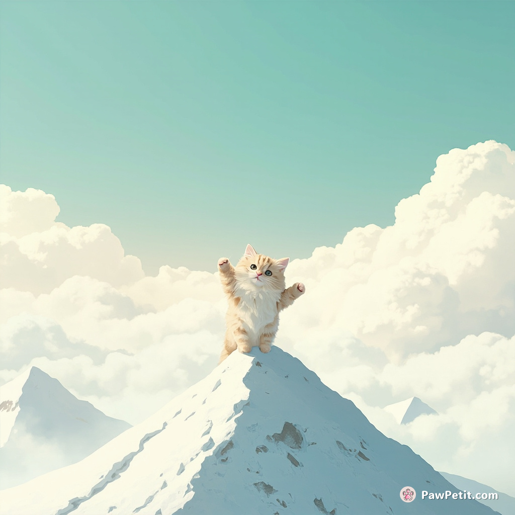 Fluffy the cat climbs Everest, **posing triumphantly on summit**, convinced it has conquered humanity's greatest feat.