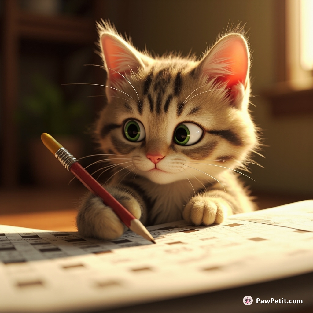 The cat steadies a pencil delicately with its paw, meticulously scribbling notes on the newspaper crossword puzzle.
