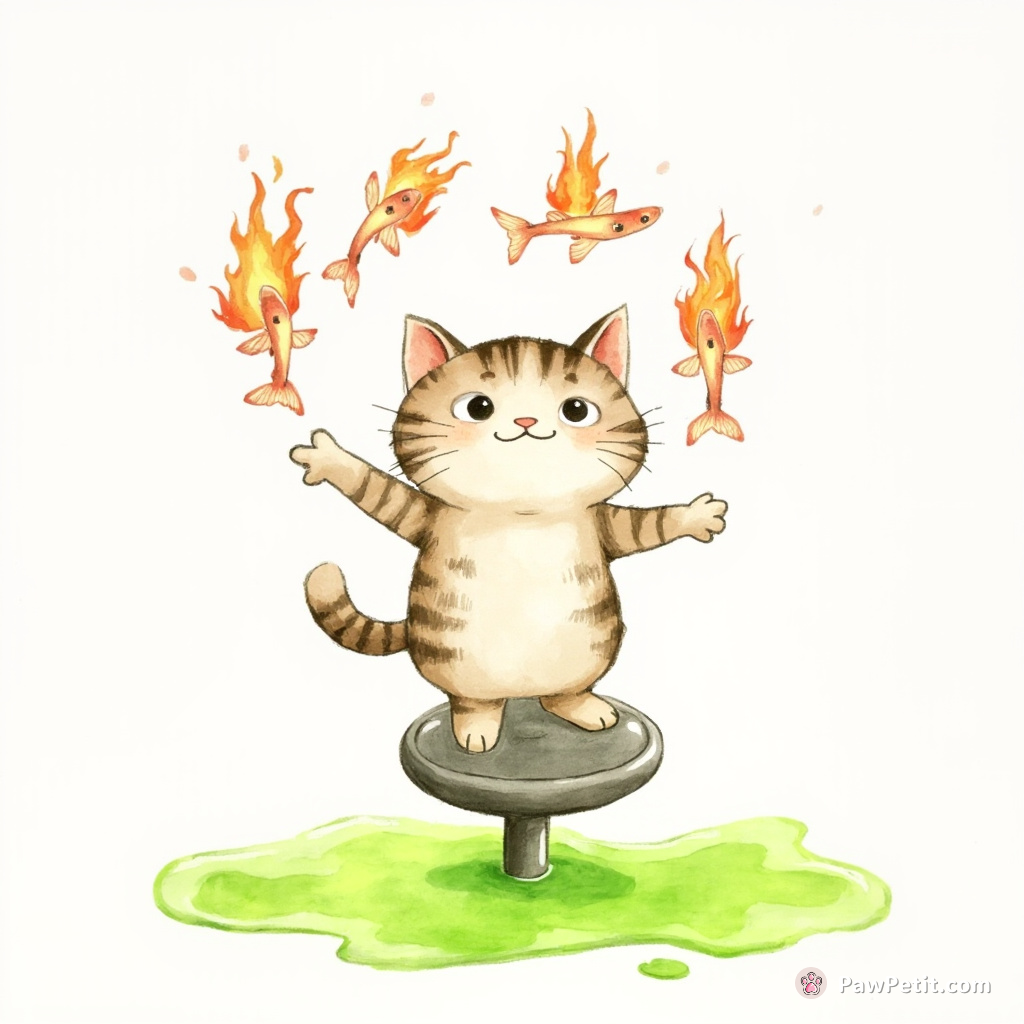 Cat juggling flaming fish while balancing on a pogo stick over a pool of lime-green jelly.