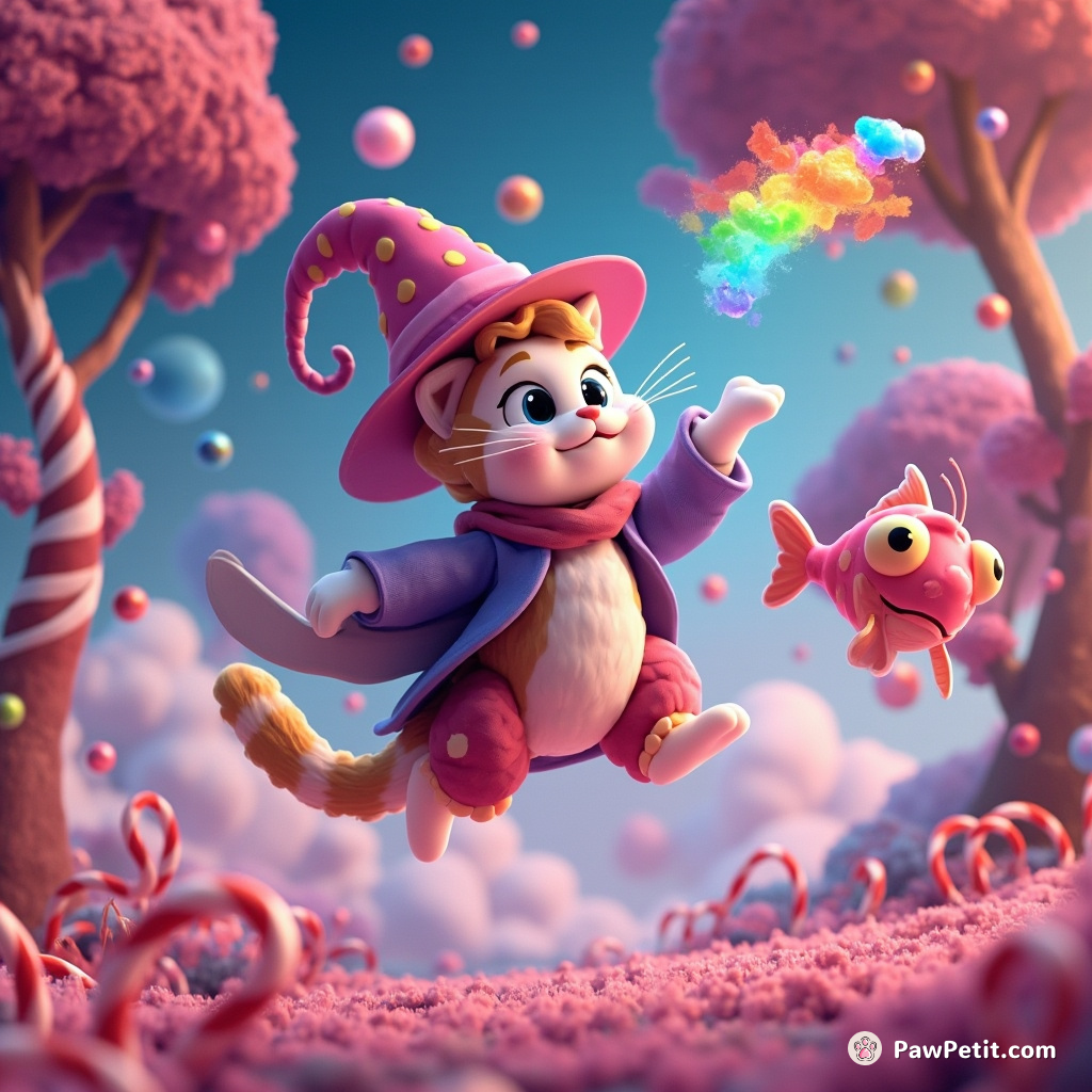 Cat wizard levitating rainbow fish in a candy cane forest under a paisley sky.