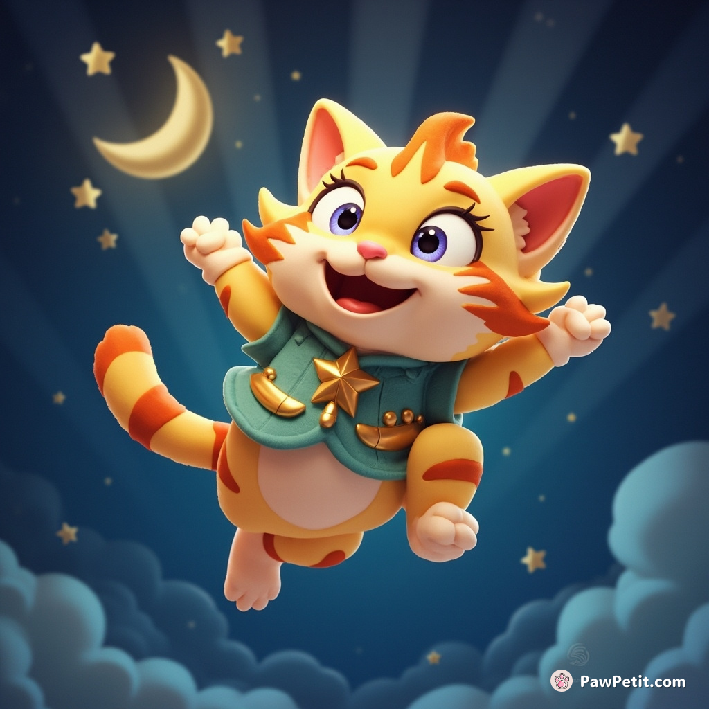 Whiskers the cat swings from moonbeams, rescuing the starry kingdom from eternal night with a flick of his tail.