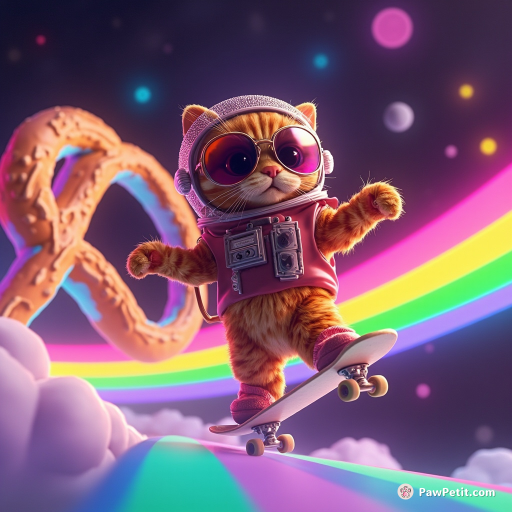 A neon orange cat skateboarding down a swirling pretzel-shaped rainbow in the cosmos, wearing avant-garde sunglasses and a sparkling astronaut helmet.