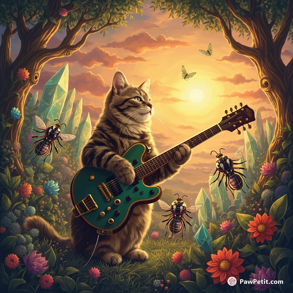 Cat conducting a ragtime jazz band composed of robotic insects in a crystal forest during sunset.
