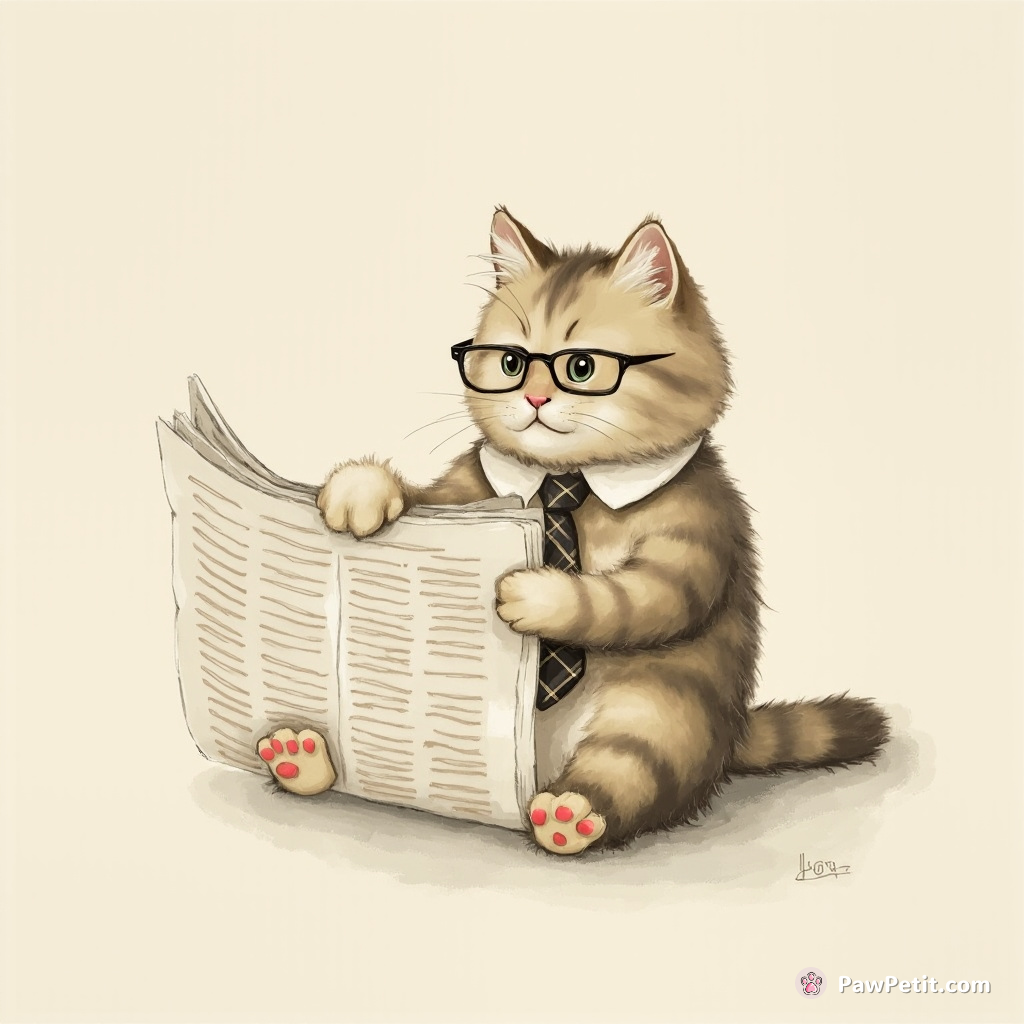 The cat, wearing a tie and glasses, carefully pawed through the newspaper on its morning reading ritual.