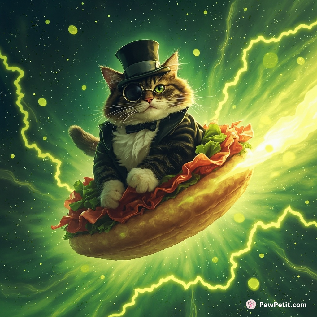 Chubby tuxedo cat piloting enchanted flying tostada through electric lime galaxy.