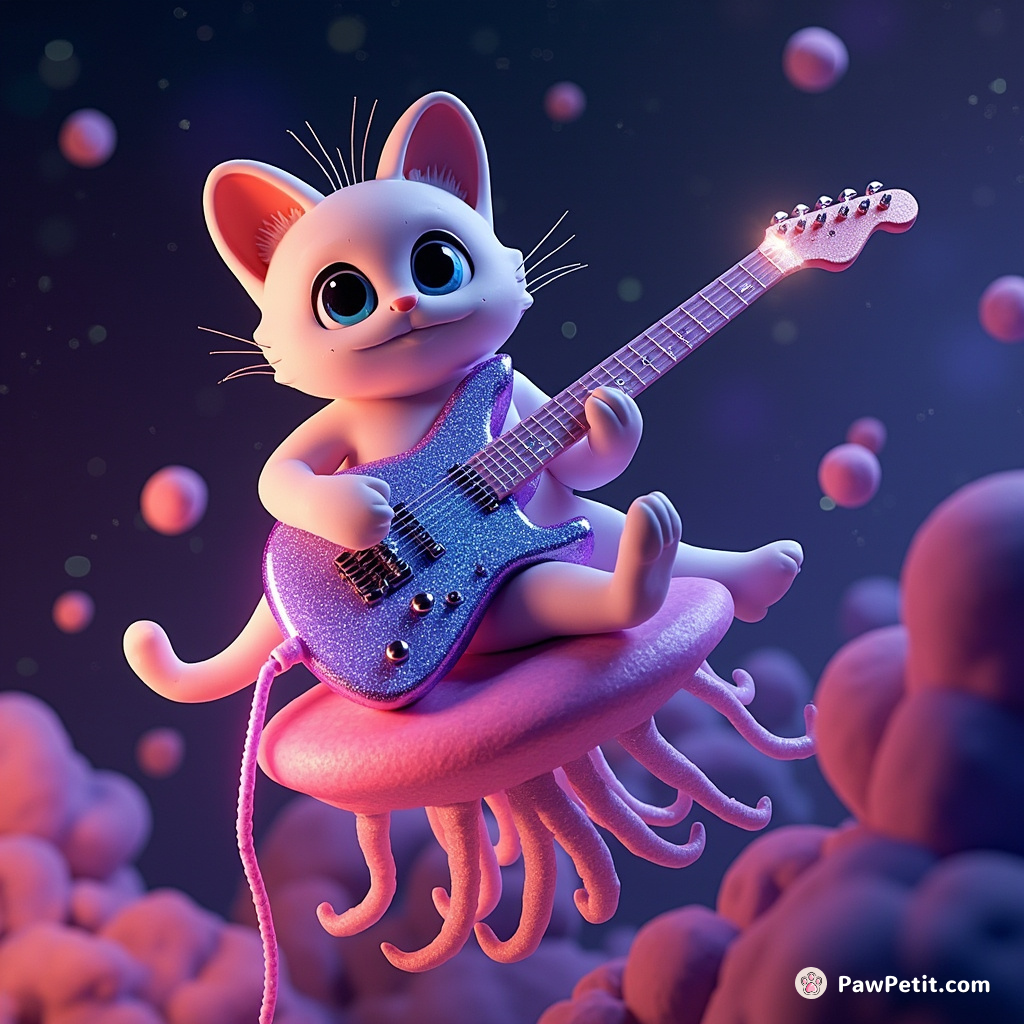 Cat playing a sparkling electric guitar floating on a cosmic jellyfish among neon asteroids.