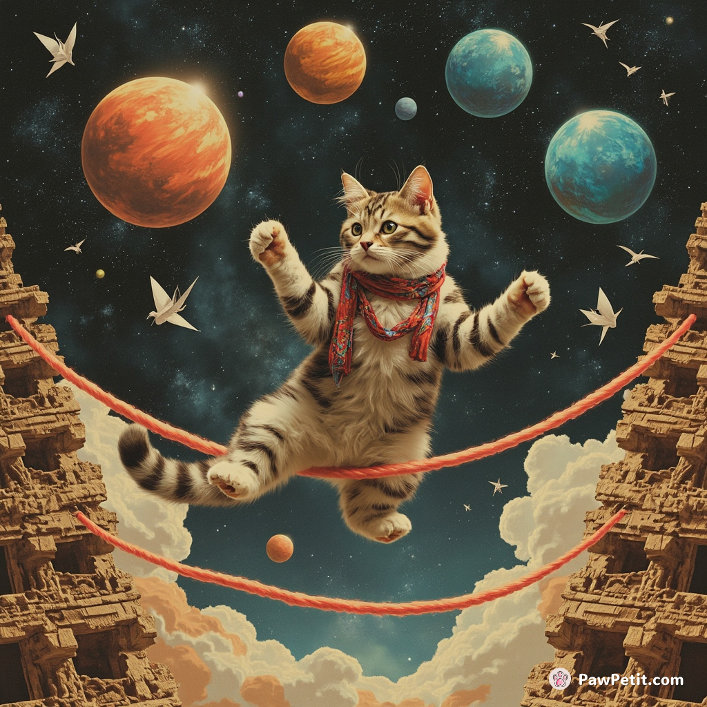 A six-eared cosmic cat wildly juggling planets atop a silk tight-rope, suspended between two crumbling ziggurats encrusted in nebulas with origami birds circling overhead.