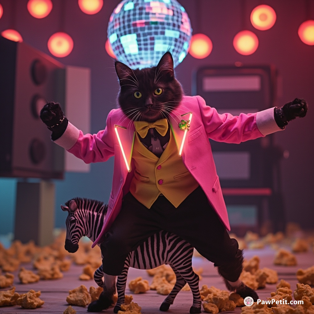 Cat wearing a neon tuxedo, breakdancing on a miniature zebra under a disco ball made of cheese.